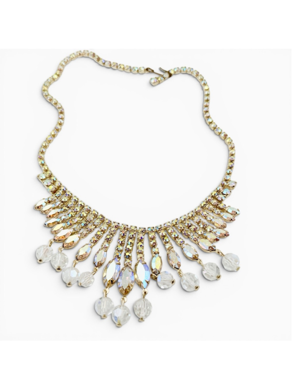 Vintage Aurora Borealis Rhinestone Necklace Gold Tone Fringe Bib Austrian Style - Picture 5 of 9